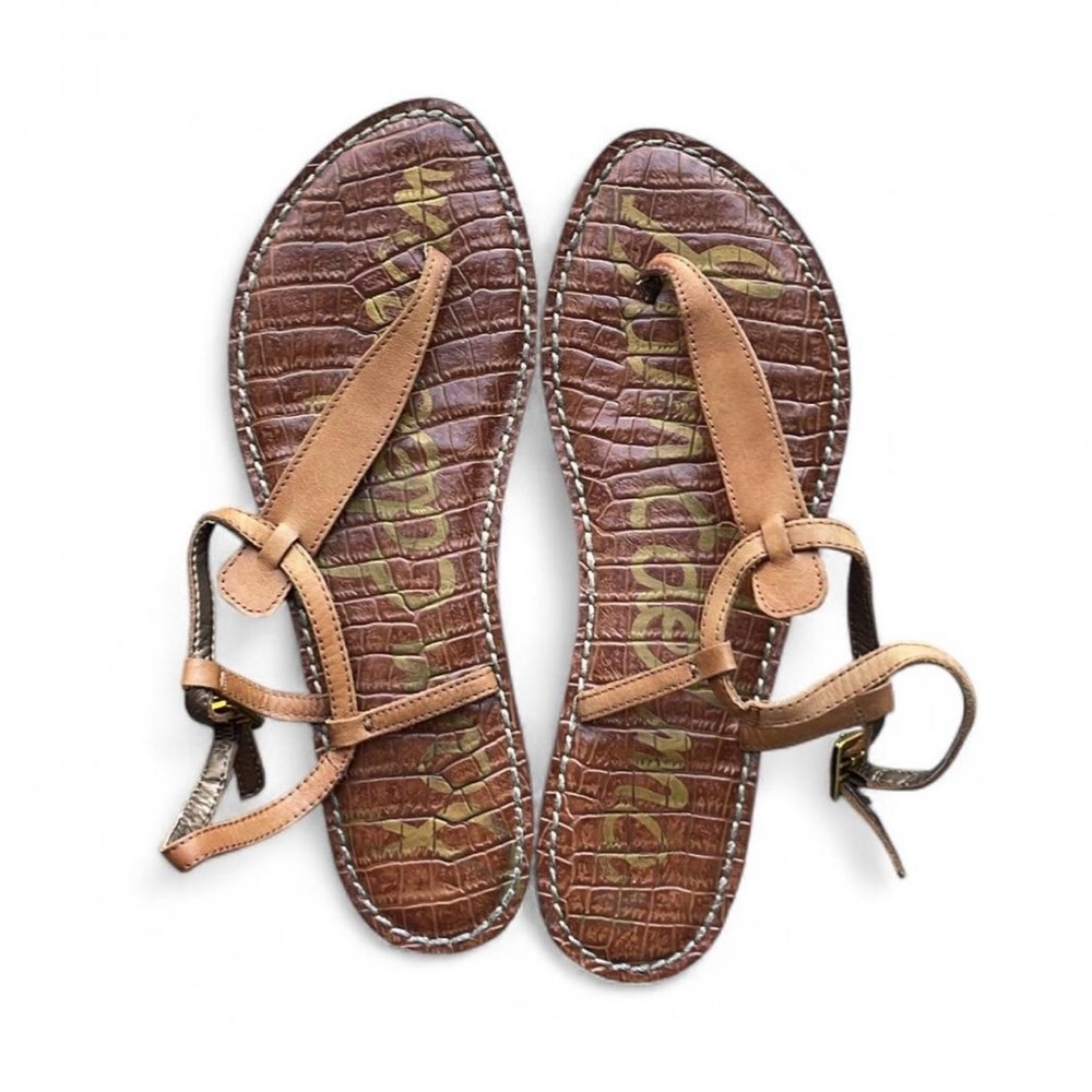 SOLD— Sam Edelman— Tan Croc-Embossed “Gigi” thong Sandals with leather straps